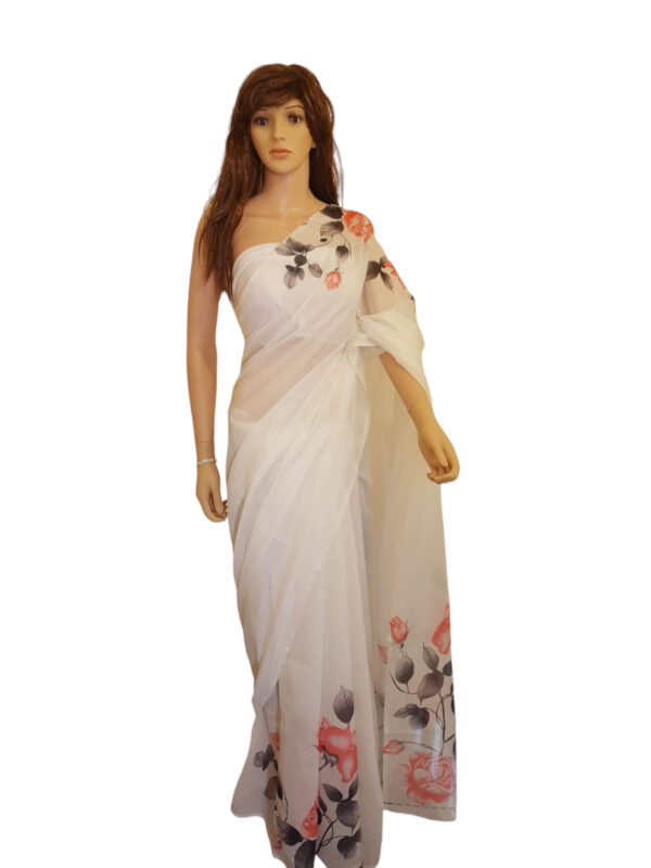 Rose Design white Saree