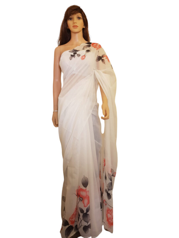 Rose Design white Saree - Image 3